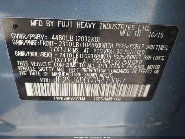 Продажа на аукционе авто 2016 Subaru Forester 2.5i Premium, vin: JF2SJADC6GH479067, номер лота: 45888454