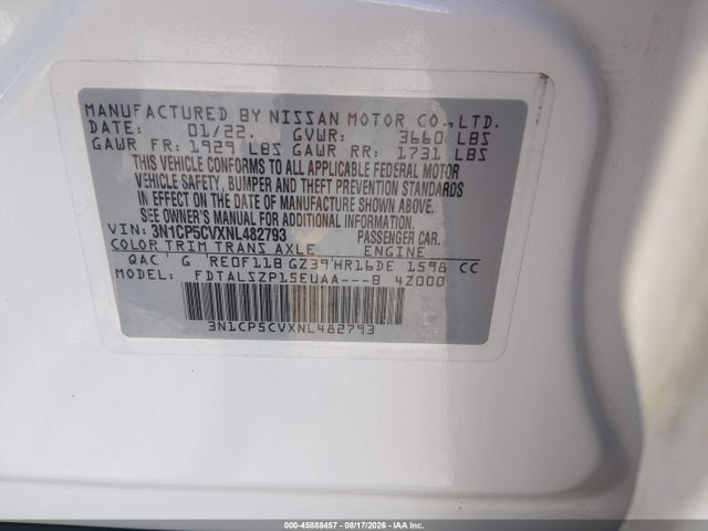 Aukcja sprzedaży 2022 Nissan Kicks Sv Xtronic Cvt, vin: 3N1CP5CVXNL482793, numer aukcji: 45888457