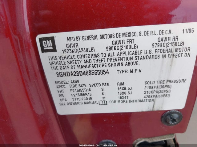 Aukcja sprzedaży 2006 Chevrolet Hhr Lt, vin: 3GNDA23D46S565854, numer aukcji: 45888463
