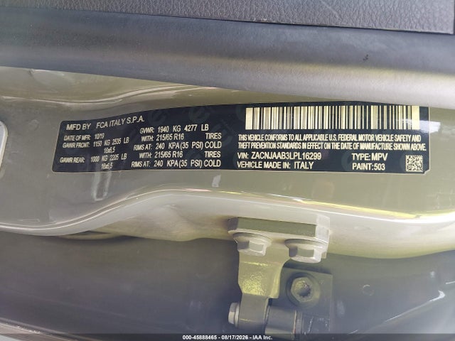 2020 Jeep Renegade Sport Fwd მანქანა იყიდება აუქციონზე, vin: ZACNJAAB3LPL16299, აუქციონის ნომერი: 45888465