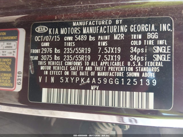 2016 Kia Sorento 3.3l Sx მანქანა იყიდება აუქციონზე, vin: 5XYPK4A59GG125139, აუქციონის ნომერი: 45888466