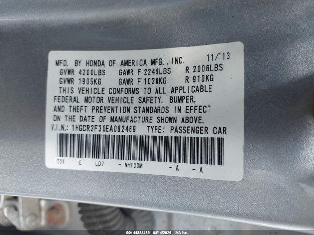 Продаж на аукціоні авто 2014 Honda Accord Lx, vin: 1HGCR2F30EA092469, номер лоту: 45888489
