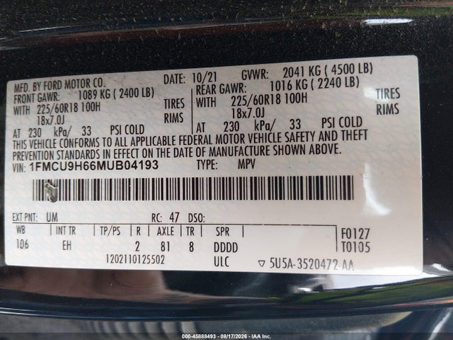 Aukcja sprzedaży 2021 Ford Escape Sel, vin: 1FMCU9H66MUB04193, numer aukcji: 45888493