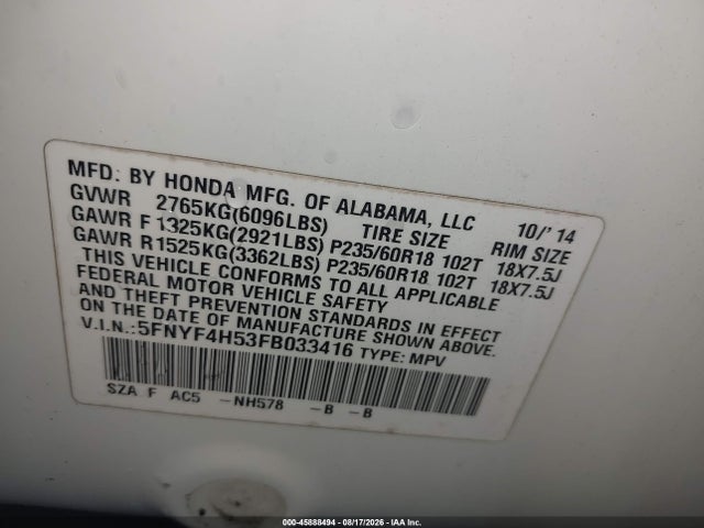 Aukcja sprzedaży 2015 Honda Pilot Ex-l, vin: 5FNYF4H53FB033416, numer aukcji: 45888494