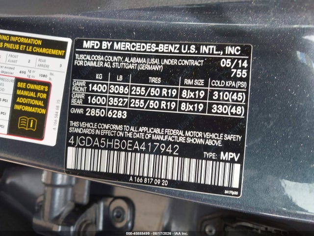 45888499 :رقم المزاد ، 4JGDA5HB0EA417942 vin ، 2014 Mercedes-benz Ml 350 4matic مزاد بيع