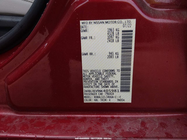 2022 Nissan Altima Sl Fwd მანქანა იყიდება აუქციონზე, vin: 1N4BL4EV9NN405981, აუქციონის ნომერი: 45888508