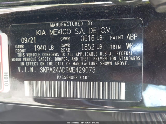 45888537 :رقم المزاد ، 3KPA24AD9ME429075 vin ، 2021 Kia Rio Lx مزاد بيع