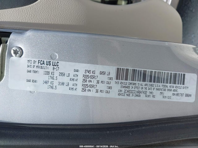 Продаж на аукціоні авто 2017 Dodge Grand Caravan Sxt, vin: 2C4RDGCG1HR847432, номер лоту: 45888541