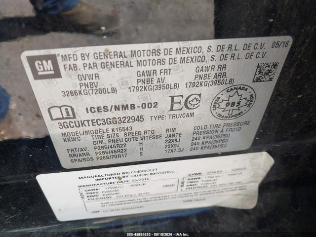 45888552 :رقم المزاد ، 3GCUKTEC3GG322945 vin ، 2016 Chevrolet Silverado 1500 High Country مزاد بيع