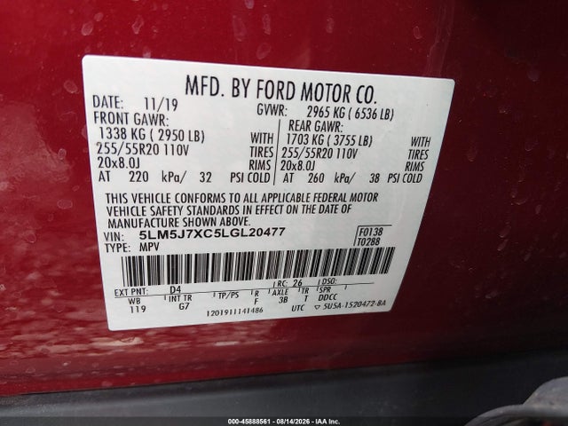 45888561 :رقم المزاد ، 5LM5J7XC5LGL20477 vin ، 2020 Lincoln Aviator Reserve مزاد بيع