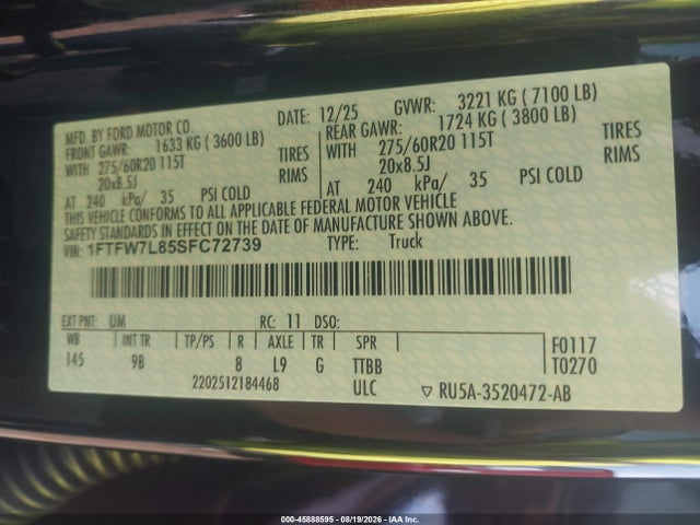 2025 Ford F-150 Platinum მანქანა იყიდება აუქციონზე, vin: 1FTFW7L85SFC72739, აუქციონის ნომერი: 45888595