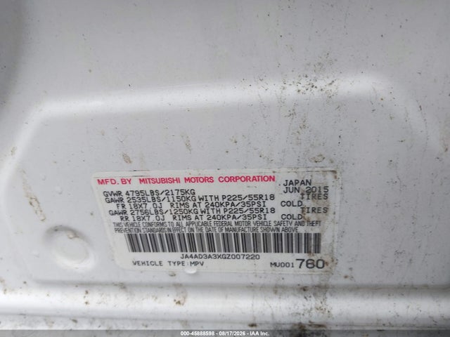 Aukcja sprzedaży 2016 Mitsubishi Outlander Se, vin: JA4AD3A3XGZ007220, numer aukcji: 45888598