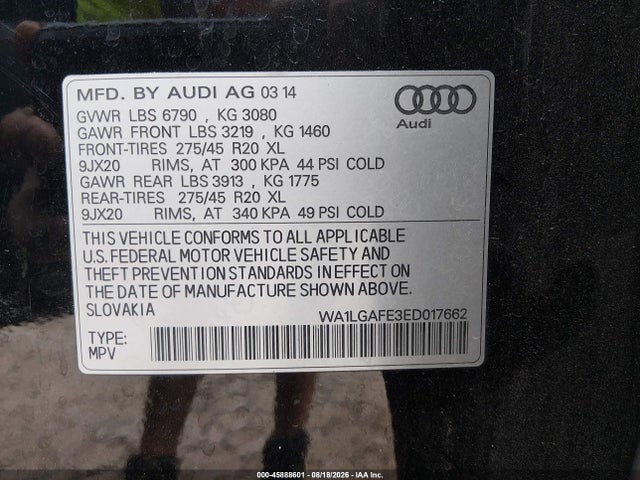 45888601 :رقم المزاد ، WA1LGAFE3ED017662 vin ، 2014 Audi Q7 3.0t Premium مزاد بيع