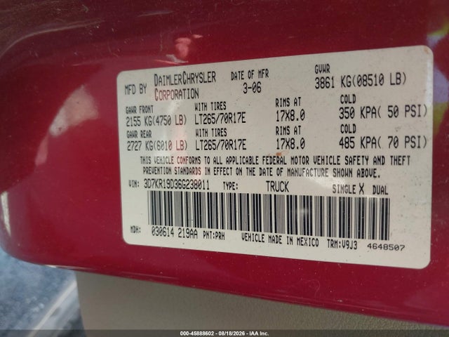 Aukcja sprzedaży 2006 Dodge Ram 1500 Slt, vin: 3D7KR19D36G238011, numer aukcji: 45888602