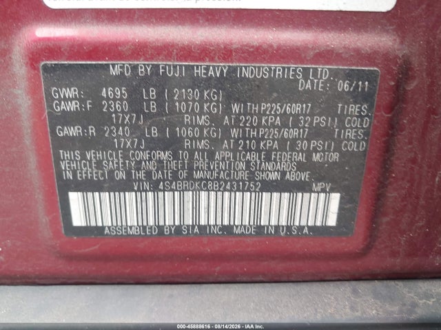Продаж на аукціоні авто 2011 Subaru Outback 3.6r Limited, vin: 4S4BRDKC8B2431752, номер лоту: 45888616