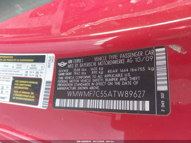 45888638 :رقم المزاد ، WMWMF7C55ATW89627 vin ، 2010 Mini Cooper S مزاد بيع