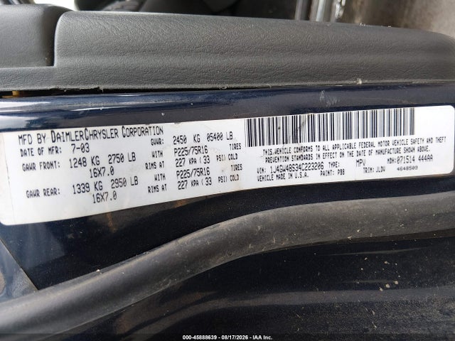 45888639 :رقم المزاد ، 1J4GW48S34C223206 vin ، 2004 Jeep Grand Cherokee Laredo مزاد بيع