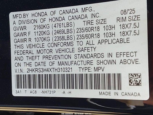 Honda Cr-v Ex 2wd 2026 2HKRS3H4XTH310321 Image 9