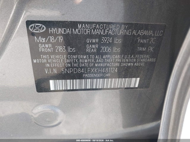 Продажа на аукционе авто 2019 Hyundai Elantra Sel, vin: 5NPD84LFXKH481124, номер лота: 45888656