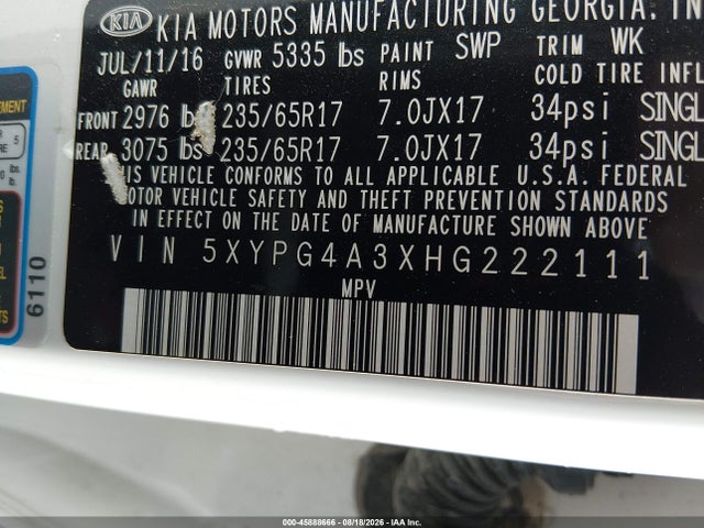 2017 Kia Sorento 2.4l Lx მანქანა იყიდება აუქციონზე, vin: 5XYPG4A3XHG222111, აუქციონის ნომერი: 45888666
