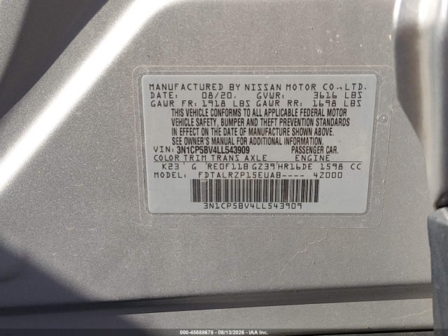 2020 Nissan Kicks S Xtronic Cvt მანქანა იყიდება აუქციონზე, vin: 3N1CP5BV4LL543909, აუქციონის ნომერი: 45888678