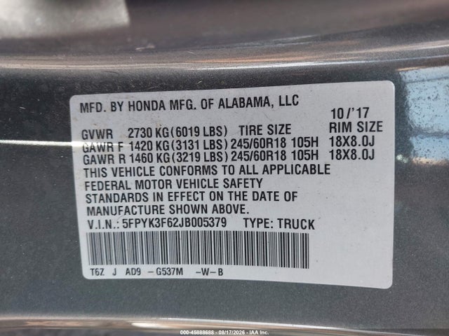 5FPYK3F62JB005379 Honda Ridgeline Rtl-t