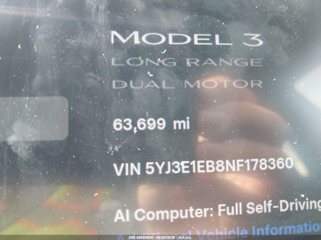 Продаж на аукціоні авто 2022 Tesla Model 3 Long Range Dual Motor All-wheel Drive, vin: 5YJ3E1EB8NF178360, номер лоту: 45888689
