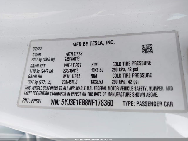 Продаж на аукціоні авто 2022 Tesla Model 3 Long Range Dual Motor All-wheel Drive, vin: 5YJ3E1EB8NF178360, номер лоту: 45888689