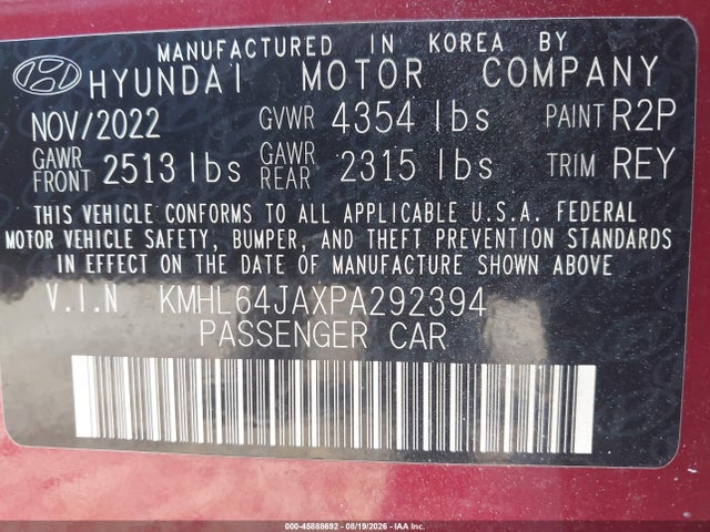 45888692 :رقم المزاد ، KMHL64JAXPA292394 vin ، 2023 Hyundai Sonata Sel مزاد بيع