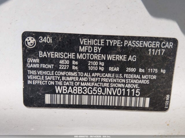 Aukcja sprzedaży 2018 Bmw 340i, vin: WBA8B3G59JNV01115, numer aukcji: 45888703