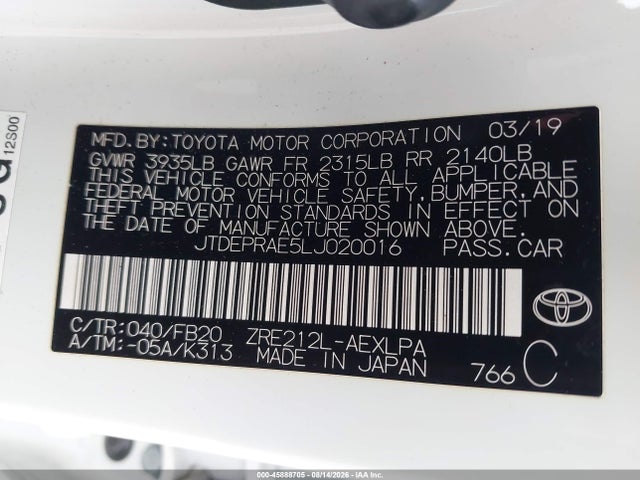 Aukcja sprzedaży 2020 Toyota Corolla Le, vin: JTDEPRAE5LJ020016, numer aukcji: 45888705
