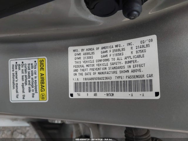 45888720 :رقم المزاد ، 19UUA86509A023643 vin ، 2009 Acura Tl 3.5 مزاد بيع