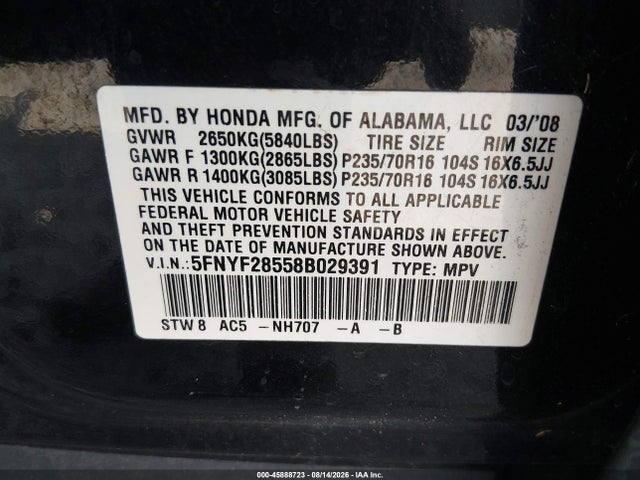 Продажа на аукционе авто 2008 Honda Pilot Ex-l, vin: 5FNYF28558B029391, номер лота: 45888723