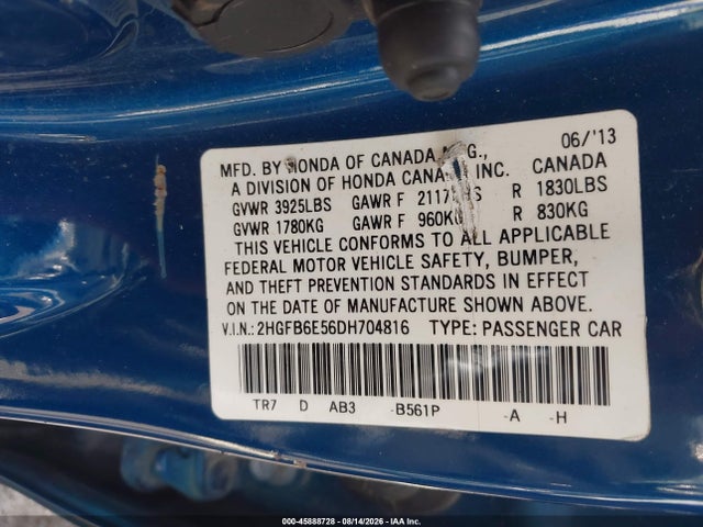 Продаж на аукціоні авто 2013 Honda Civic Si, vin: 2HGFB6E56DH704816, номер лоту: 45888728