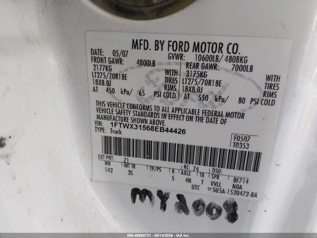Aukcja sprzedaży 2008 Ford Super Duty F-350 Srw Fx4/lariat/xl/xlt, vin: 1FTWX31568EB44426, numer aukcji: 45888731
