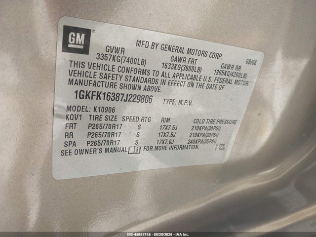45888746 :رقم المزاد ، 1GKFK16387J229806 vin ، 2007 Gmc Yukon Xl Slt مزاد بيع