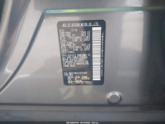 45888756 :رقم المزاد ، JN8AY2NE4L9781865 vin ، 2020 Nissan Armada Platinum 4wd مزاد بيع