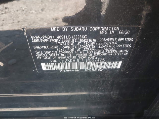 45888759 :رقم المزاد ، JF2SKAJC7LH607425 vin ، 2020 Subaru Forester Premium مزاد بيع