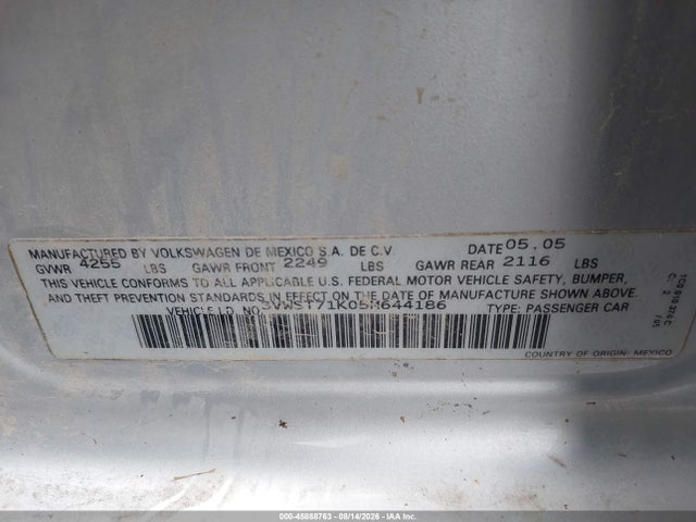 45888763 :رقم المزاد ، 3VWST71K05M644186 vin ، 2005 Volkswagen Jetta Tdi مزاد بيع