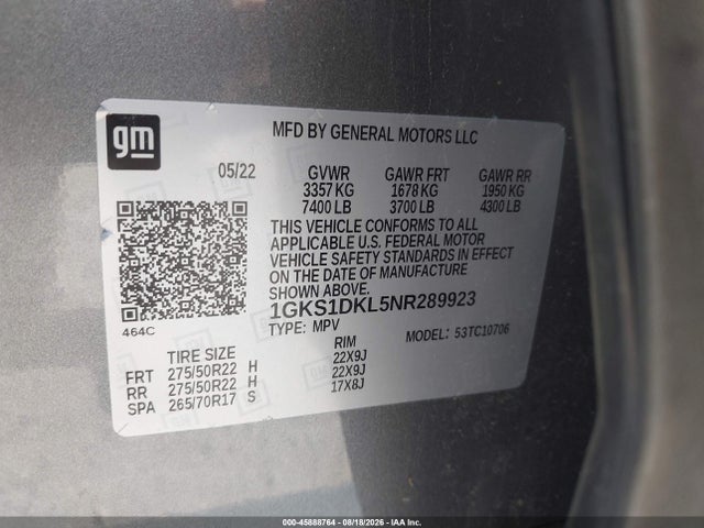 2022 Gmc Yukon 2wd Denali მანქანა იყიდება აუქციონზე, vin: 1GKS1DKL5NR289923, აუქციონის ნომერი: 45888764