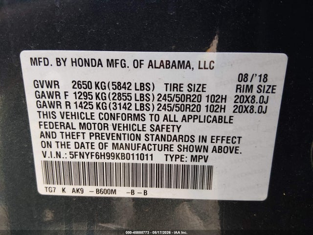 Aukcja sprzedaży 2019 Honda Pilot Touring, vin: 5FNYF6H99KB011011, numer aukcji: 45888773
