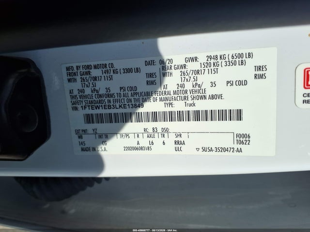 2020 Ford F-150 Xl მანქანა იყიდება აუქციონზე, vin: 1FTEW1EB3LKE13849, აუქციონის ნომერი: 45888777