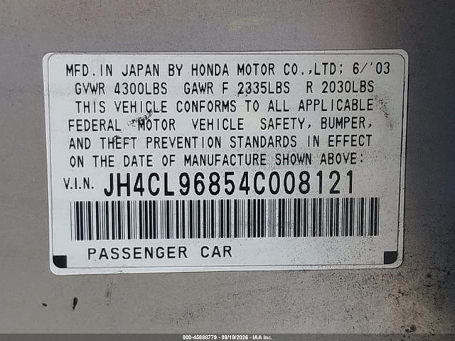 Продажа на аукционе авто 2004 Acura Tsx, vin: JH4CL96854C008121, номер лота: 45888779