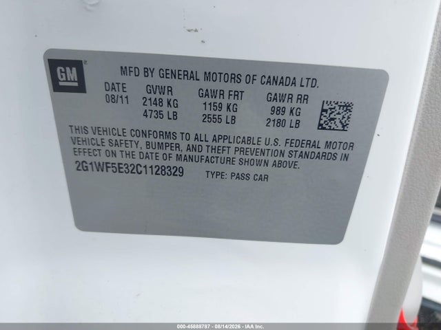 45888787 :رقم المزاد ، 2G1WF5E32C1128329 vin ، 2012 Chevrolet Impala Ls مزاد بيع