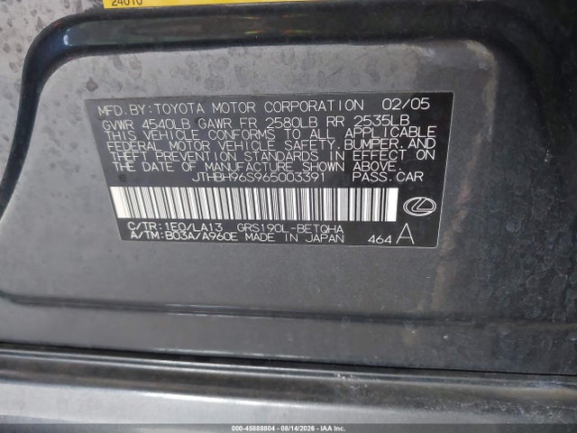 45888804 :رقم المزاد ، JTHBH96S965003391 vin ، 2006 Lexus Gs 300 مزاد بيع
