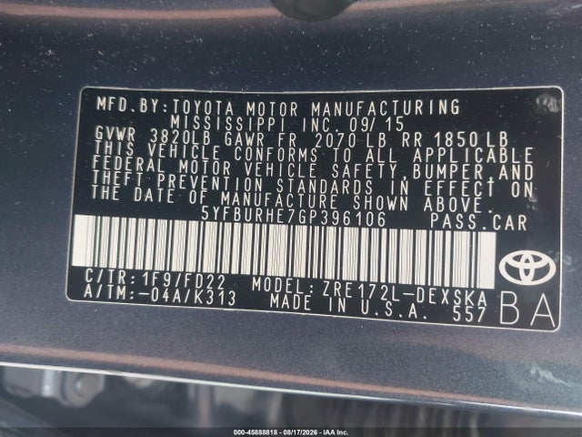 Aukcja sprzedaży 2016 Toyota Corolla S Plus, vin: 5YFBURHE7GP396106, numer aukcji: 45888818