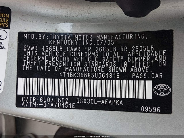 2005 Toyota Avalon Limited მანქანა იყიდება აუქციონზე, vin: 4T1BK36B85U061816, აუქციონის ნომერი: 45888821