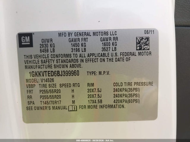 2011 Gmc Acadia Denali მანქანა იყიდება აუქციონზე, vin: 1GKKVTED6BJ399960, აუქციონის ნომერი: 45888825