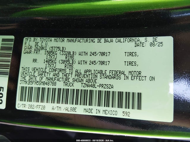 Продаж на аукціоні авто 2025 Toyota Tacoma Sr5, vin: 3TMKB5FN5SM048788, номер лоту: 45888833