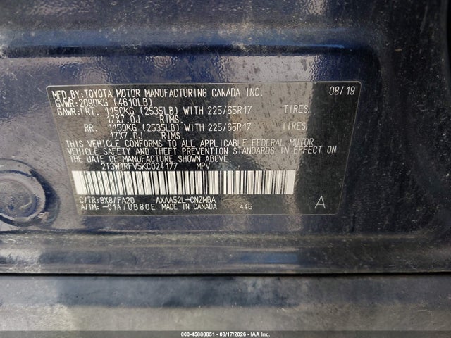 2019 Toyota Rav4 Xle მანქანა იყიდება აუქციონზე, vin: 2T3W1RFV5KC024177, აუქციონის ნომერი: 45888851